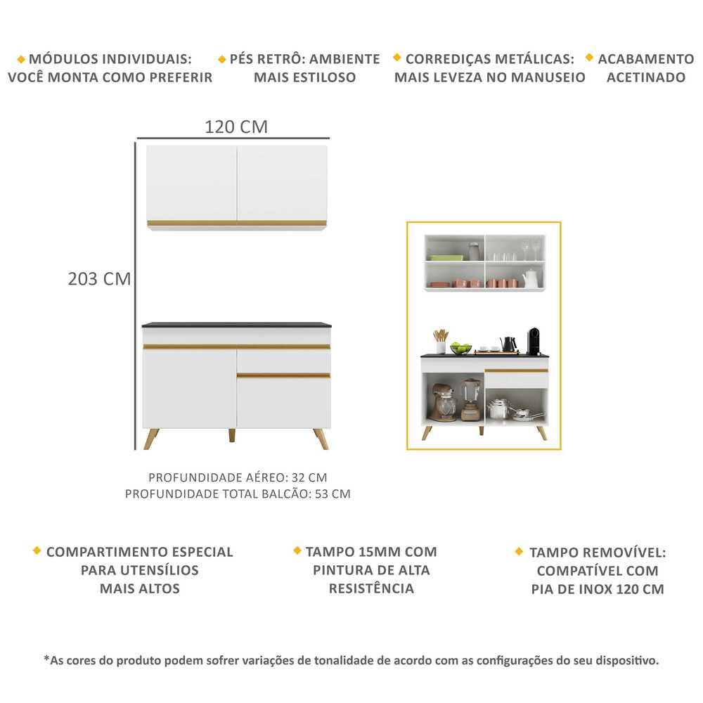 Armário de Cozinha Compacta 120cm Veneza Multimóveis V3687 Branco/Dourado