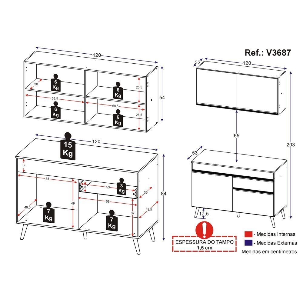 Armário de Cozinha Compacta 120cm Veneza Multimóveis V3687 Preto