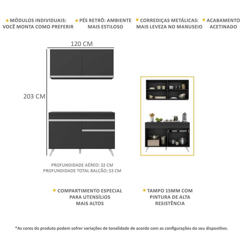 Armário de Cozinha Compacta 120cm Veneza Multimóveis V3687 Preto/Branco