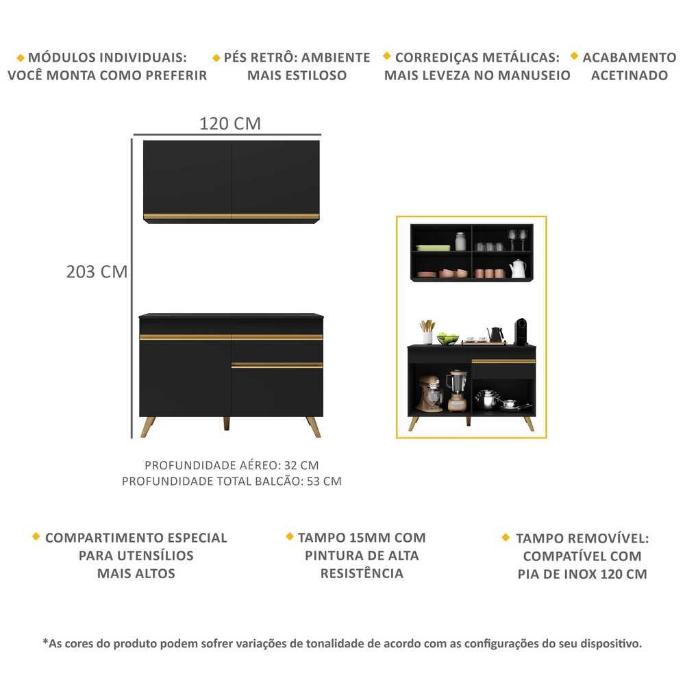 Armário de Cozinha Compacta 120cm Veneza Multimóveis V3687 Preto/Dourado