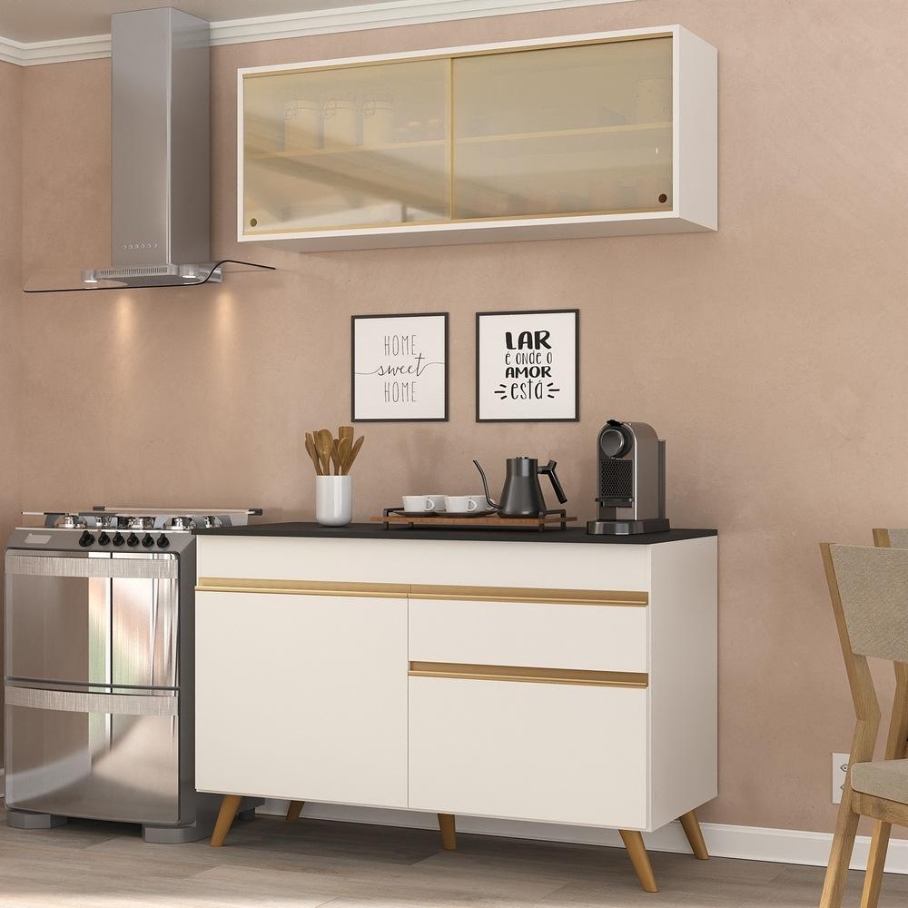 Armário de Cozinha Compacta 120cm Veneza Multimóveis V3688 Branco/Dourado