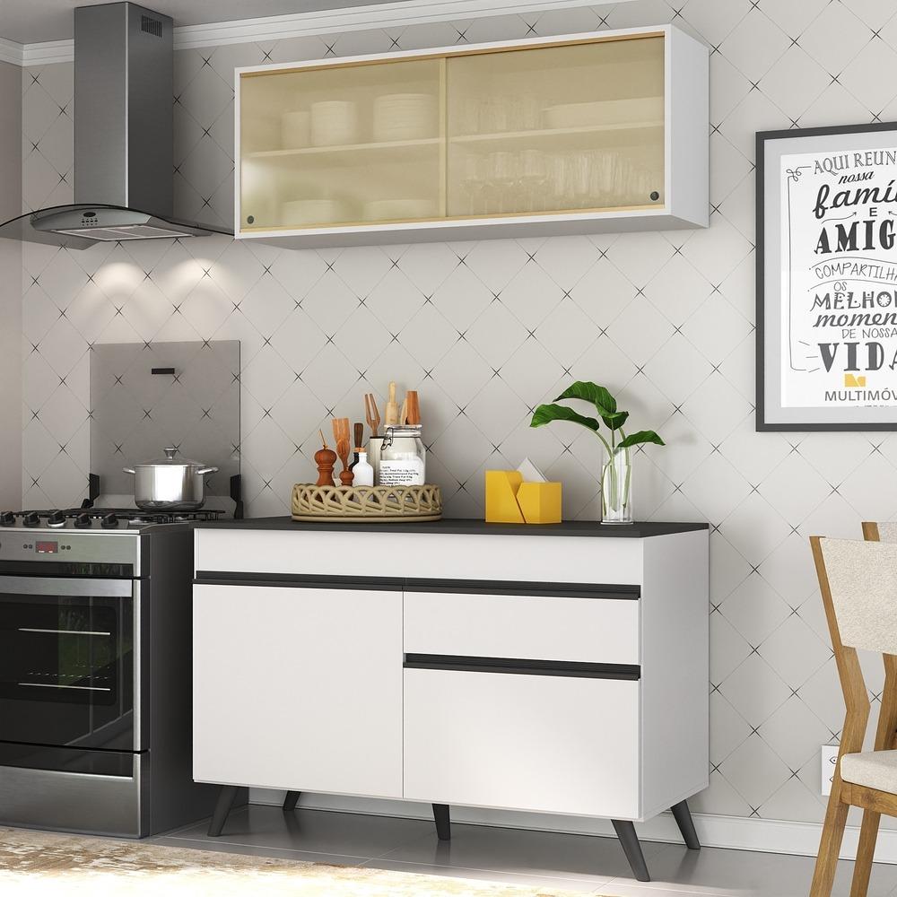Armário de Cozinha Compacta 120cm Veneza Multimóveis V3688 Branco/Preto
