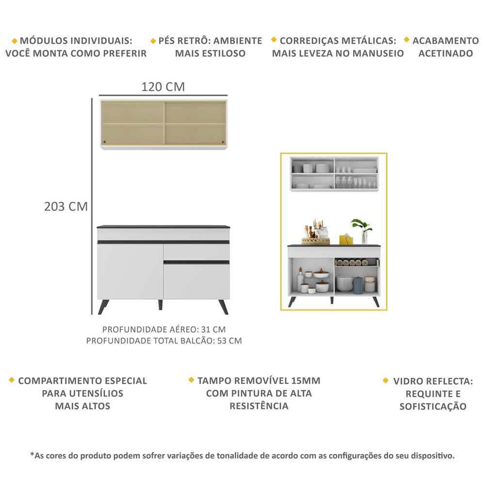 Armário de Cozinha Compacta 120cm Veneza Multimóveis V3688 Branco/Preto