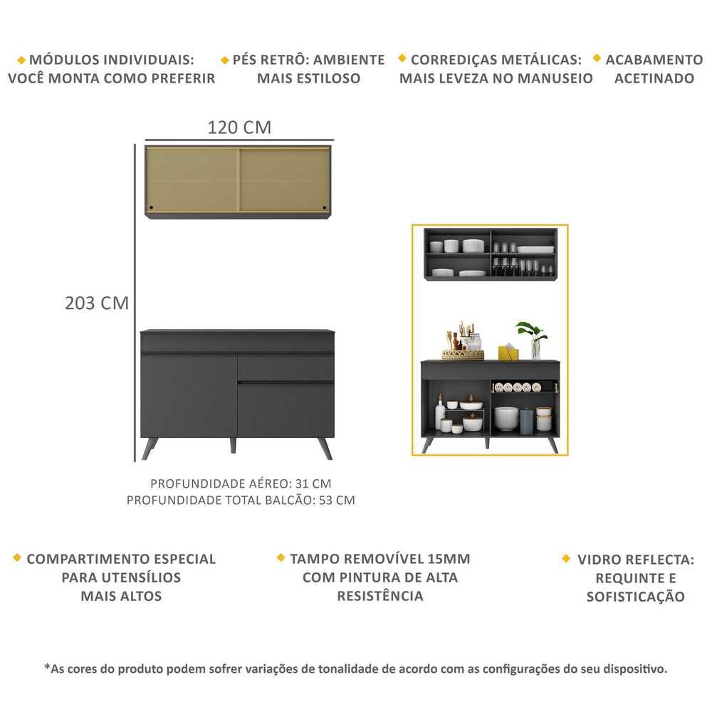 Armário de Cozinha Compacta 120cm Veneza Multimóveis V3688 Preto