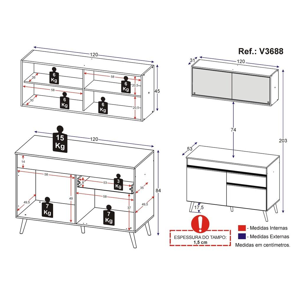 Armário de Cozinha Compacta 120cm Veneza Multimóveis V3688 Preto