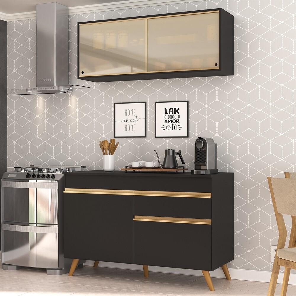Armário de Cozinha Compacta 120cm Veneza Multimóveis V3688 Preto/Dourado
