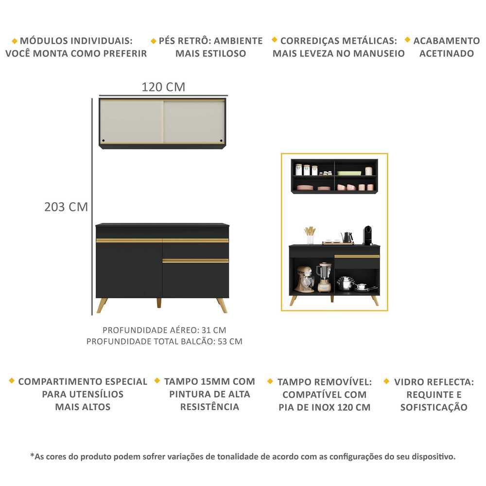 Armário de Cozinha Compacta 120cm Veneza Multimóveis V3688 Preto/Dourado