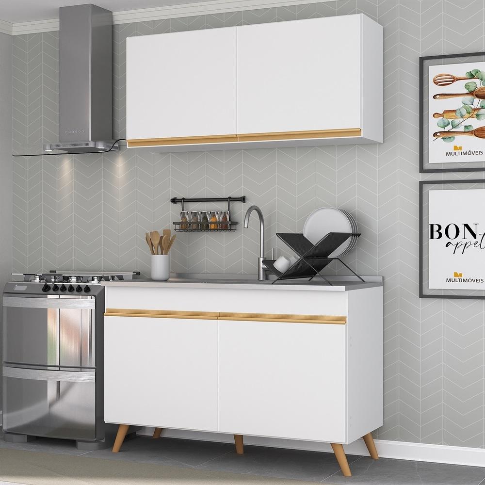 Armário de Cozinha Compacta 120cm Veneza Multimóveis V3748 Branco/Dourado