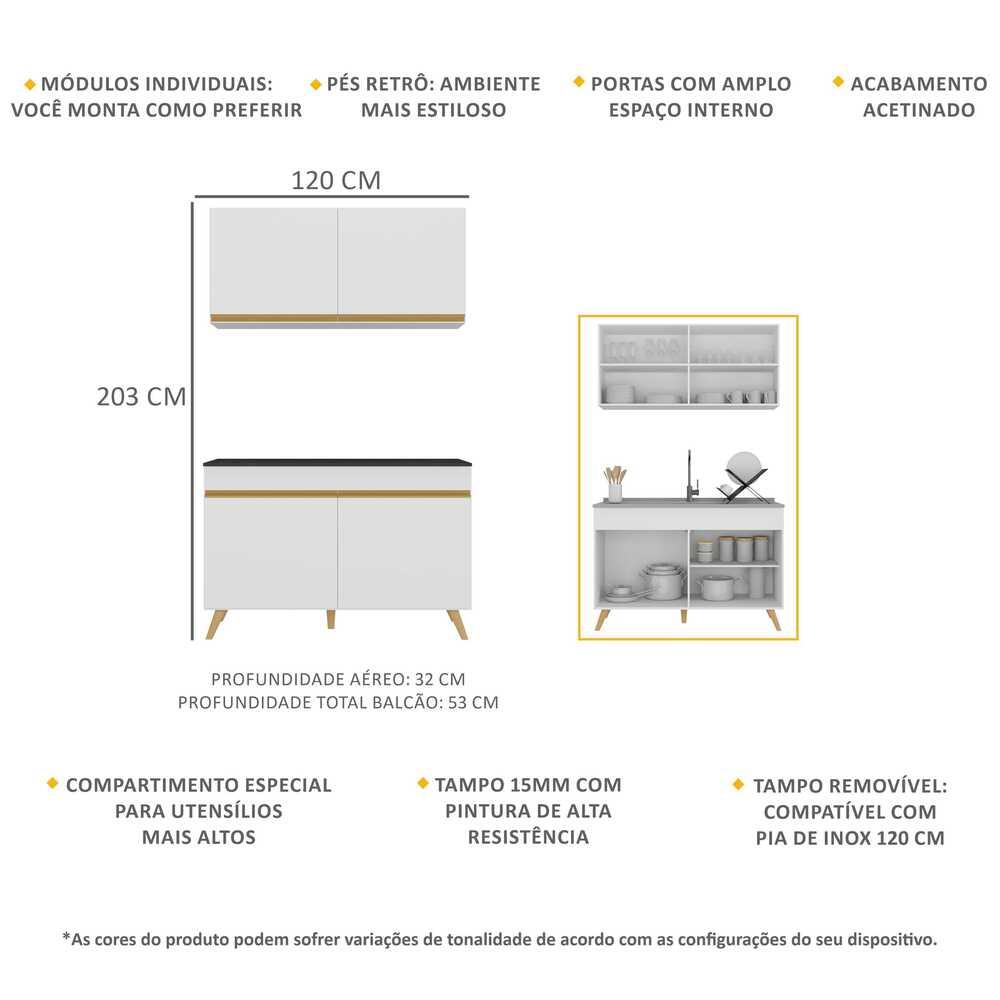 Armário de Cozinha Compacta 120cm Veneza Multimóveis V3748 Branco/Dourado