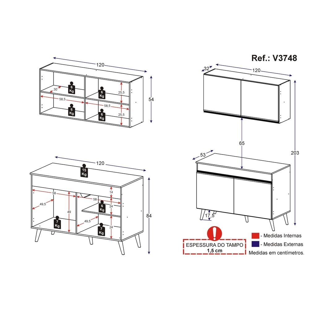 Armário de Cozinha Compacta 120cm Veneza Multimóveis V3748 Branco/Dourado