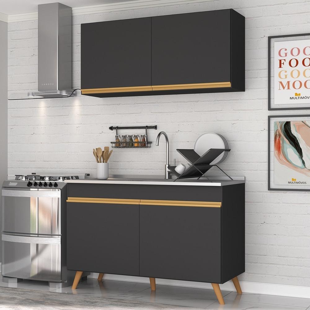 Armário de Cozinha Compacta 120cm Veneza Multimóveis V3748 Preto/Dourado
