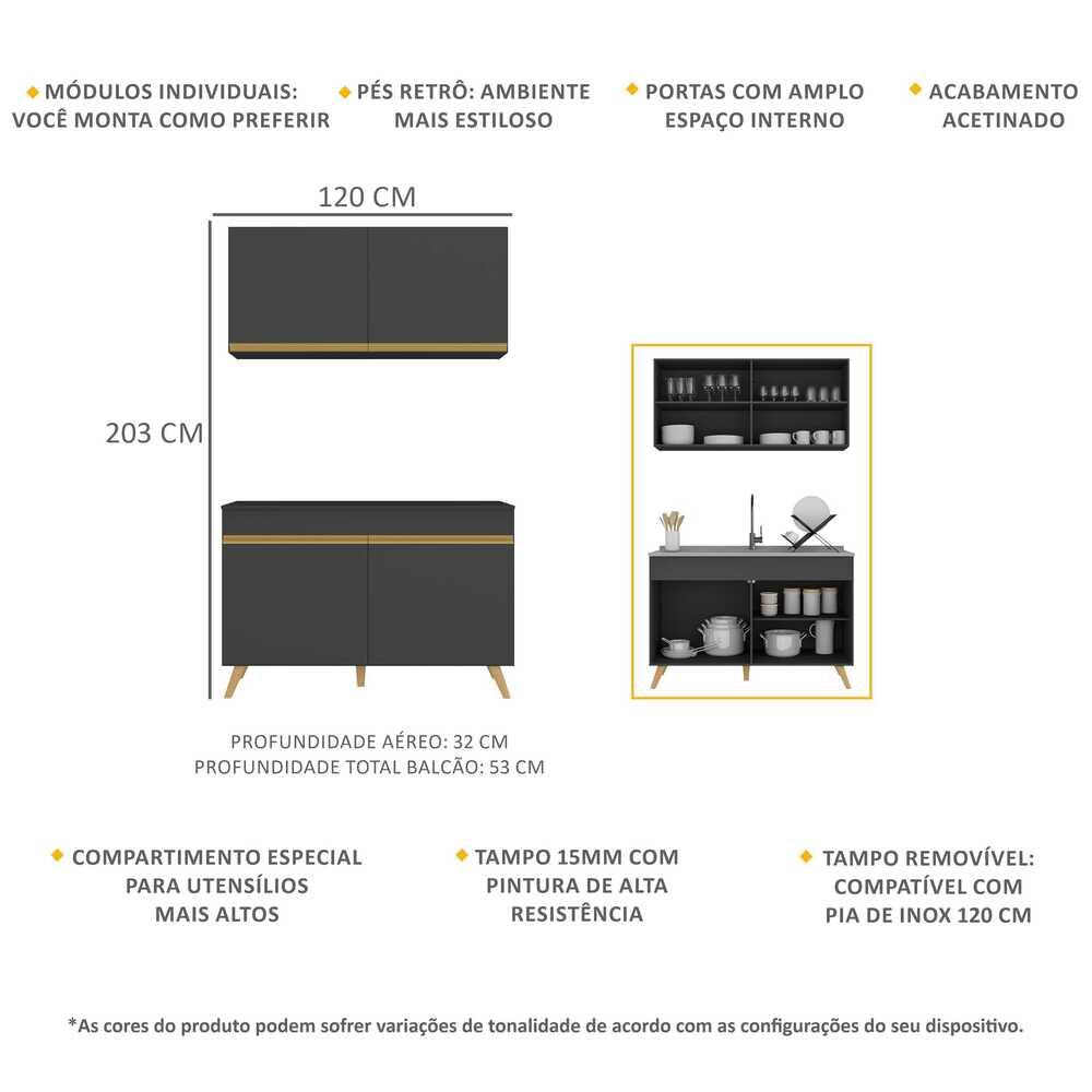 Armário de Cozinha Compacta 120cm Veneza Multimóveis V3748 Preto/Dourado