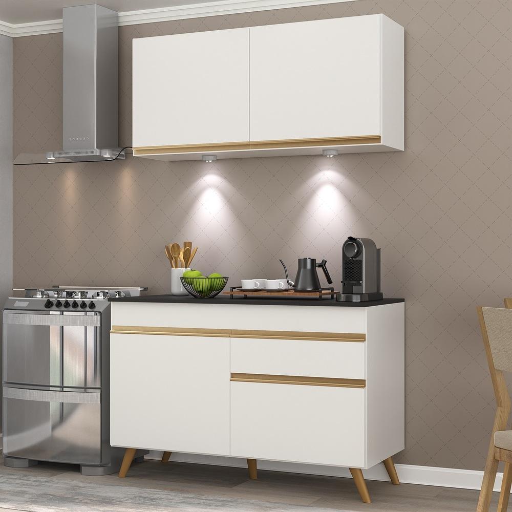 Armário de Cozinha Compacta 120cm com Leds Veneza Up Multimóveis V2012 Branco/Dourado