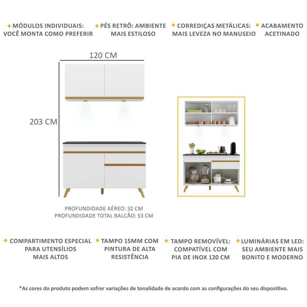 Armário de Cozinha Compacta 120cm com Leds Veneza Up Multimóveis V2012 Branco/Dourado