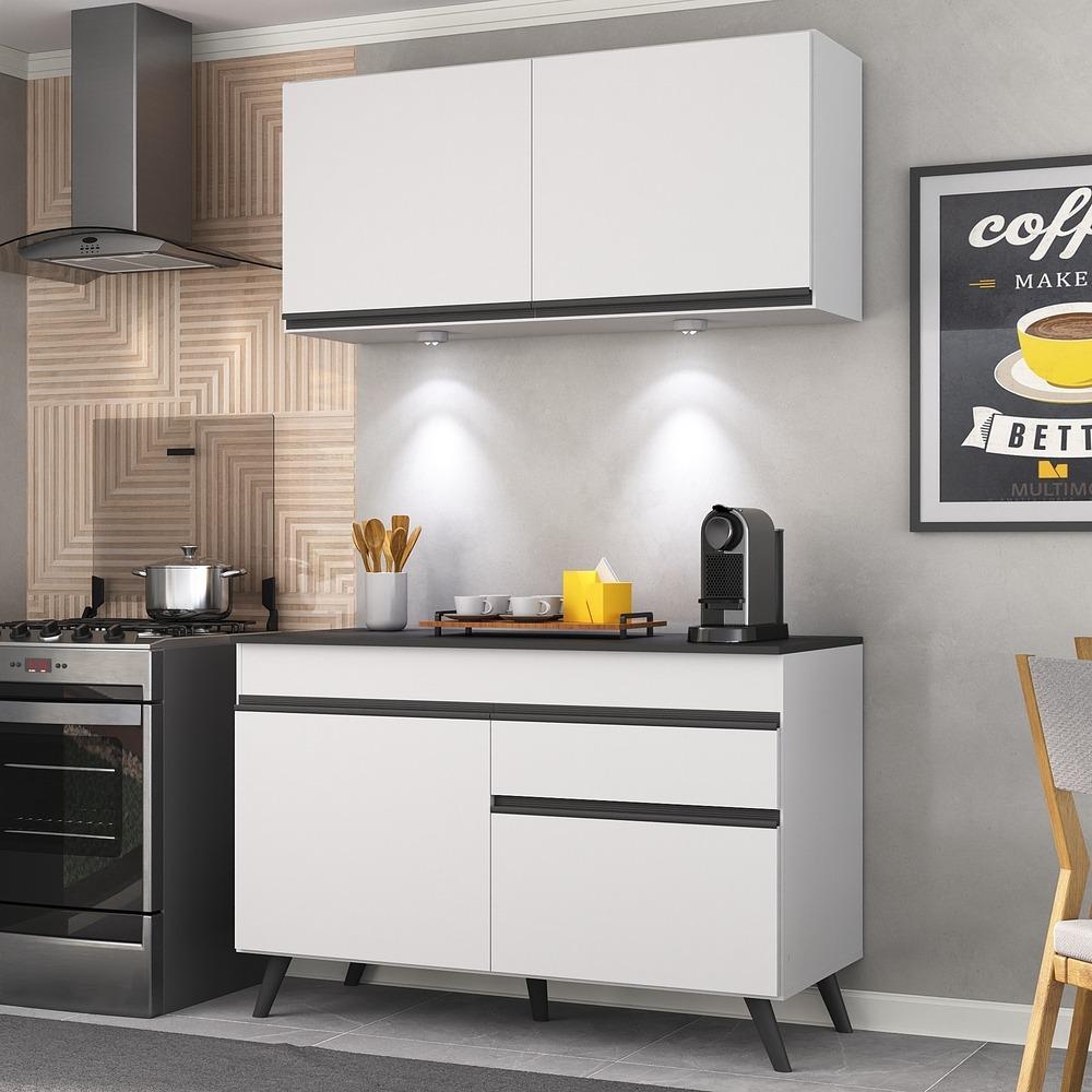 Armário de Cozinha Compacta 120cm com Leds Veneza Up Multimóveis V2012 Branco/Preto