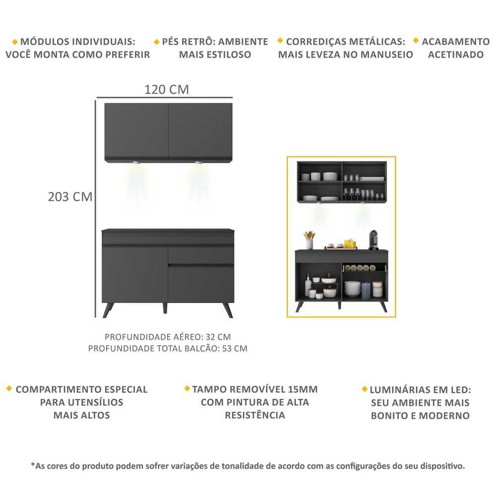 Armário de Cozinha Compacta 120cm com Leds Veneza Up Multimóveis V2012 Preto