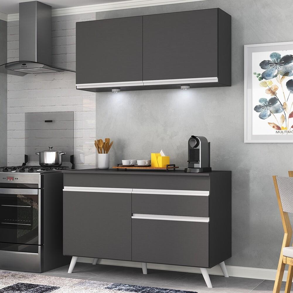 Armário de Cozinha Compacta 120cm com Leds Veneza Up Multimóveis V2012 Preto/Branco