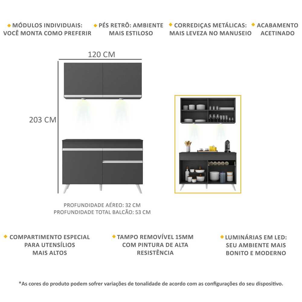 Armário de Cozinha Compacta 120cm com Leds Veneza Up Multimóveis V2012 Preto/Branco