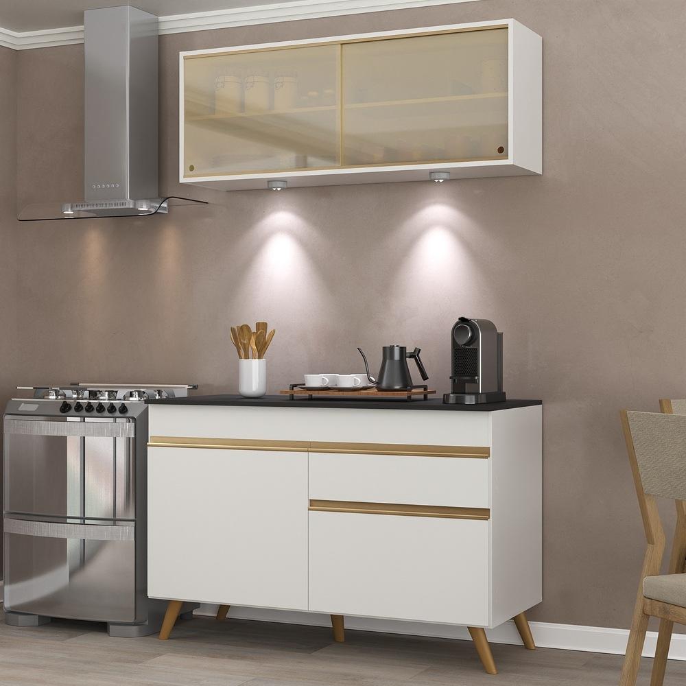 Armário de Cozinha Compacta 120cm com Leds Veneza Up Multimóveis V2013 Branco/Dourado