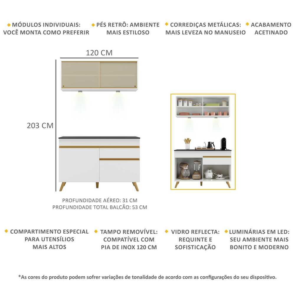 Armário de Cozinha Compacta 120cm com Leds Veneza Up Multimóveis V2013 Branco/Dourado