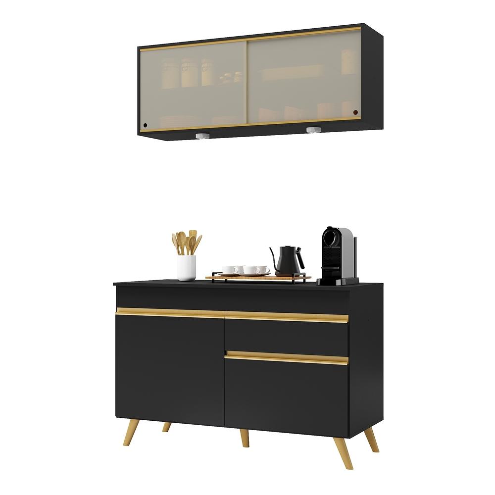 Armário de Cozinha Compacta 120cm com Leds Veneza Up Multimóveis V2013 Preto/Dourado