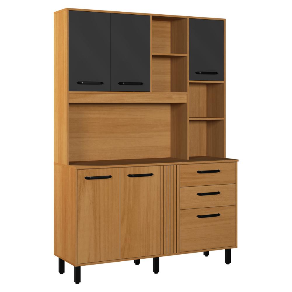 Armário de Cozinha Compacta 140cm com 6 Portas e 2 Gavetas Multimóveis CR20289 Nature/Grafite