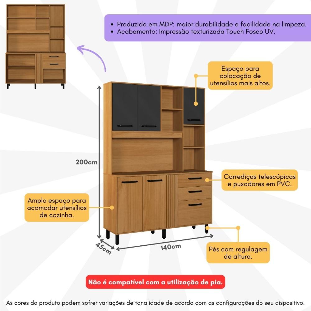 Armário de Cozinha Compacta 140cm com 6 Portas e 2 Gavetas Multimóveis CR20289 Nature/Grafite