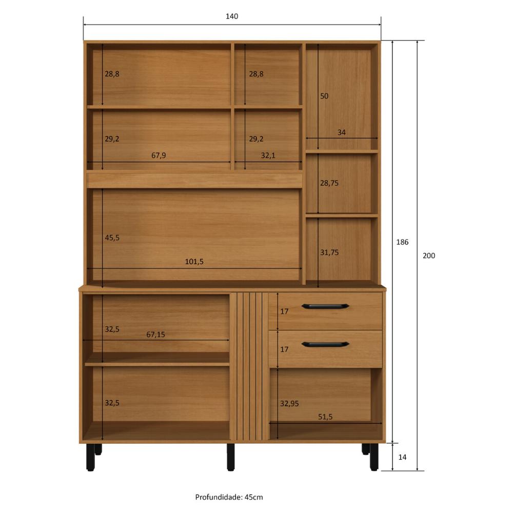 Armário de Cozinha Compacta 140cm com 6 Portas e 2 Gavetas Multimóveis CR20289 Nature/Grafite