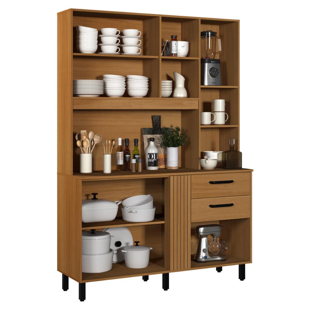 Armário de Cozinha Compacta 140cm com 6 Portas e 2 Gavetas Multimóveis CR20289 Nature/Grafite