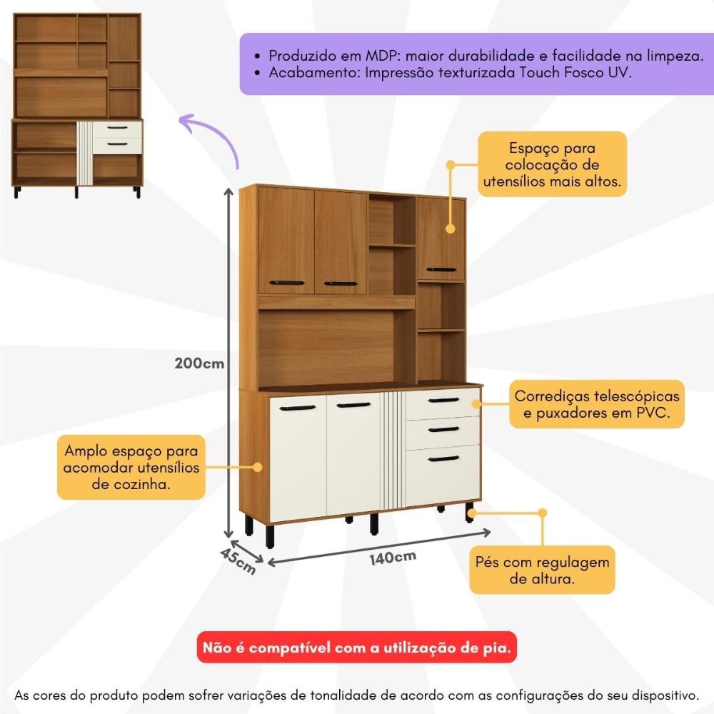 Armário de Cozinha Compacta 140cm com 6 Portas e 2 Gavetas Multimóveis CR20289 Nature/champanhe