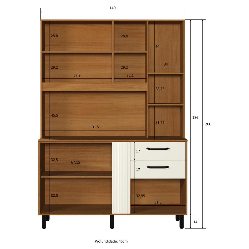 Armário de Cozinha Compacta 140cm com 6 Portas e 2 Gavetas Multimóveis CR20289 Nature/champanhe