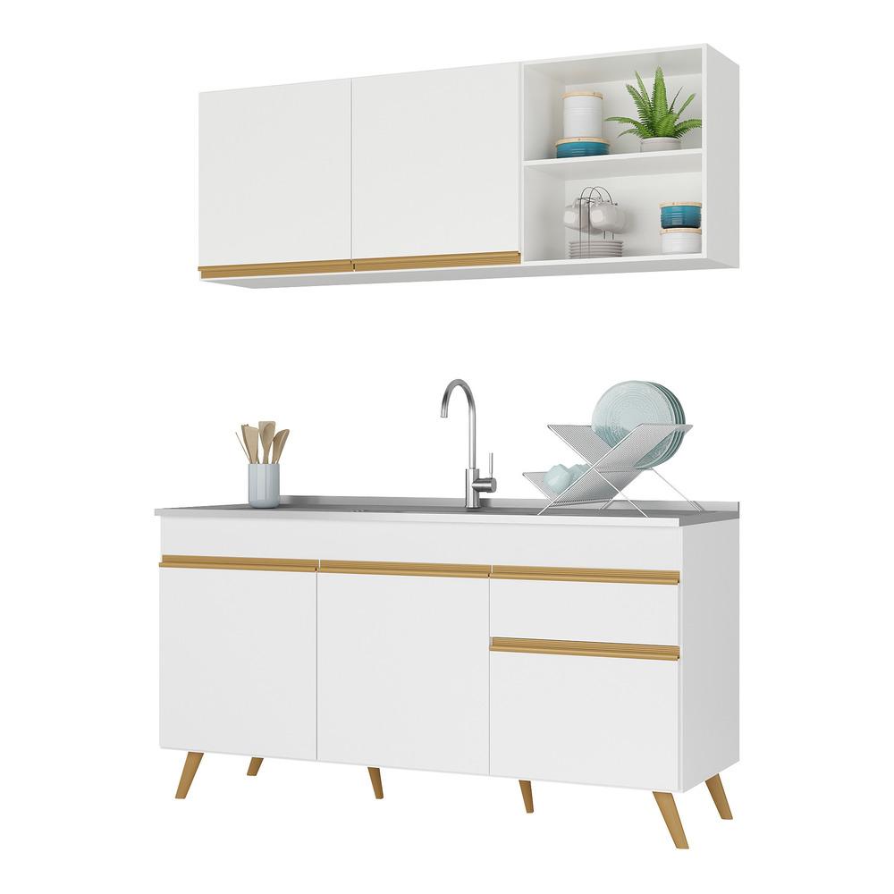 Armário de Cozinha Compacta 150cm Veneza Multimóveis V2079 Branco/Dourado