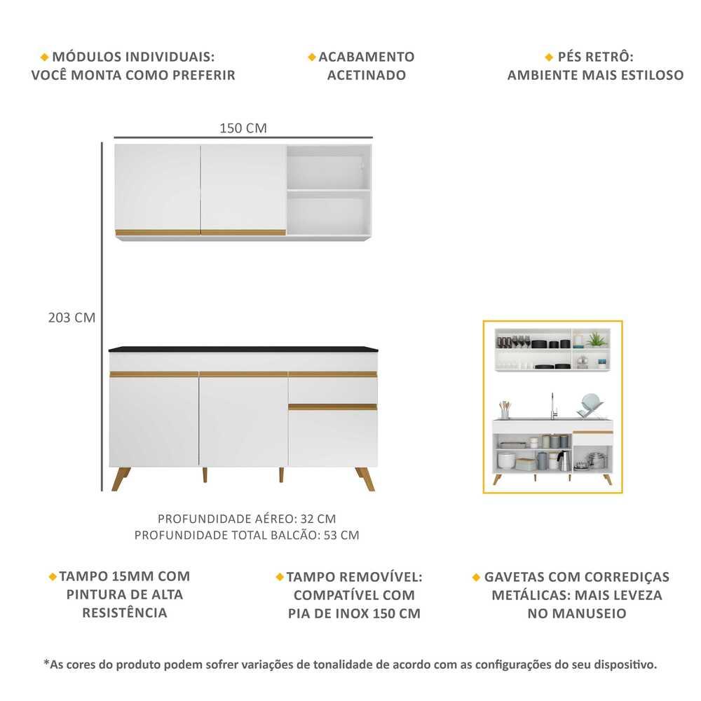 Armário de Cozinha Compacta 150cm Veneza Multimóveis V2079 Branco/Dourado