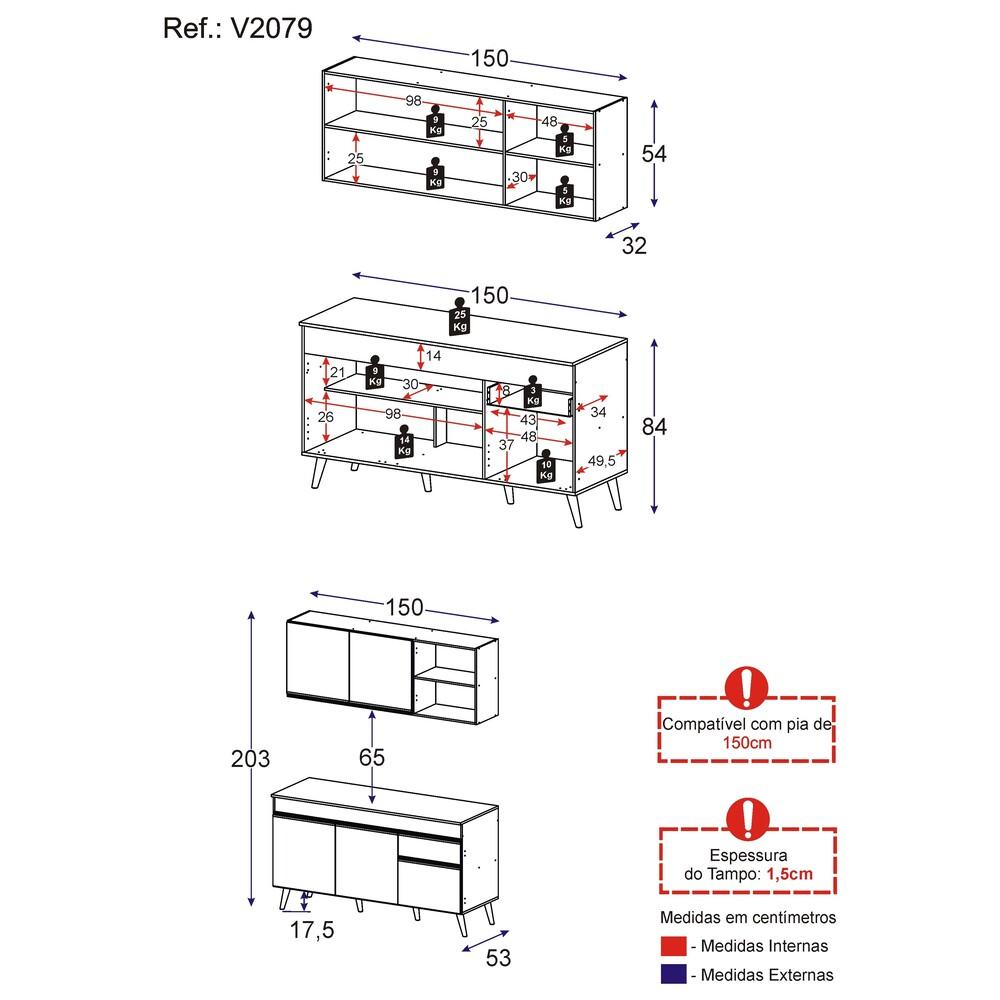 Armário de Cozinha Compacta 150cm Veneza Multimóveis V2079 Preto/Branco