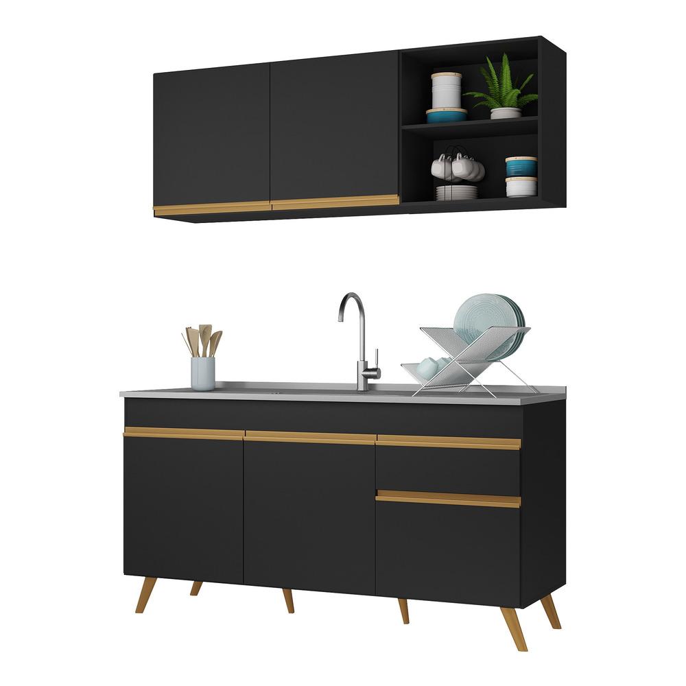 Armário de Cozinha Compacta 150cm Veneza Multimóveis V2079 Preto/Dourado