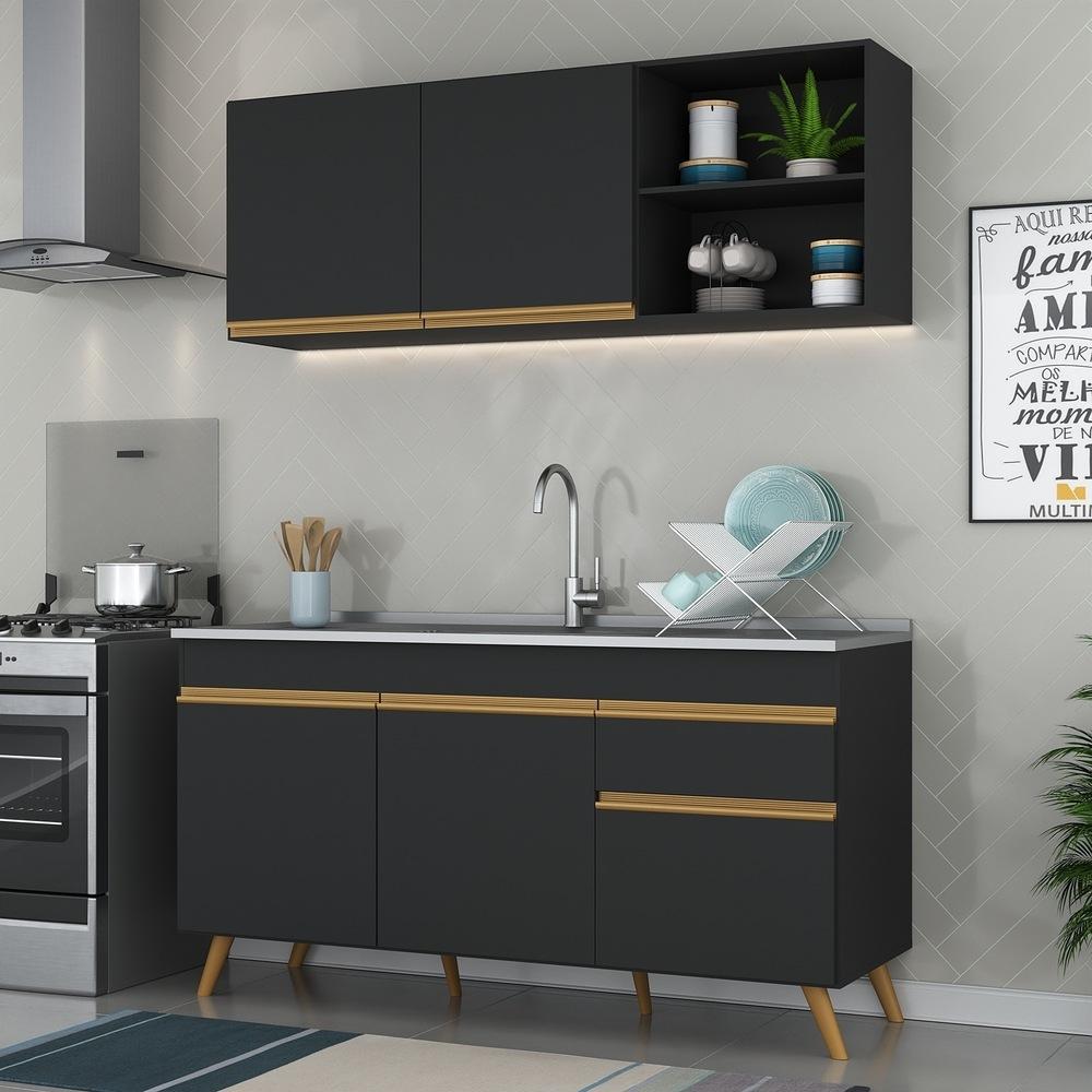 Armário de Cozinha Compacta 150cm Veneza Multimóveis V2079 Preto/Dourado