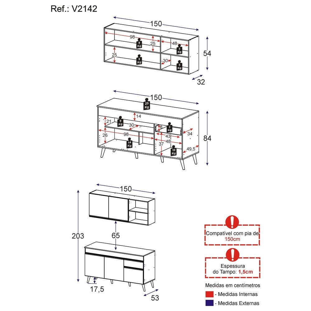 Armário de Cozinha Compacta 150cm Veneza Multimóveis V2142 Preto