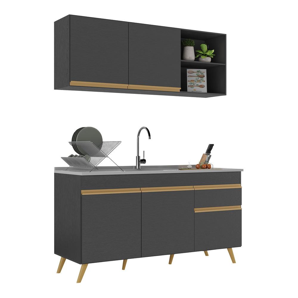 Armário de Cozinha Compacta 150cm Veneza Multimóveis V2142 Preto/Dourado