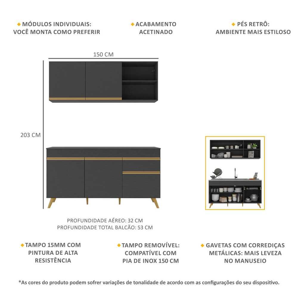Armário de Cozinha Compacta 150cm Veneza Multimóveis V2142 Preto/Dourado