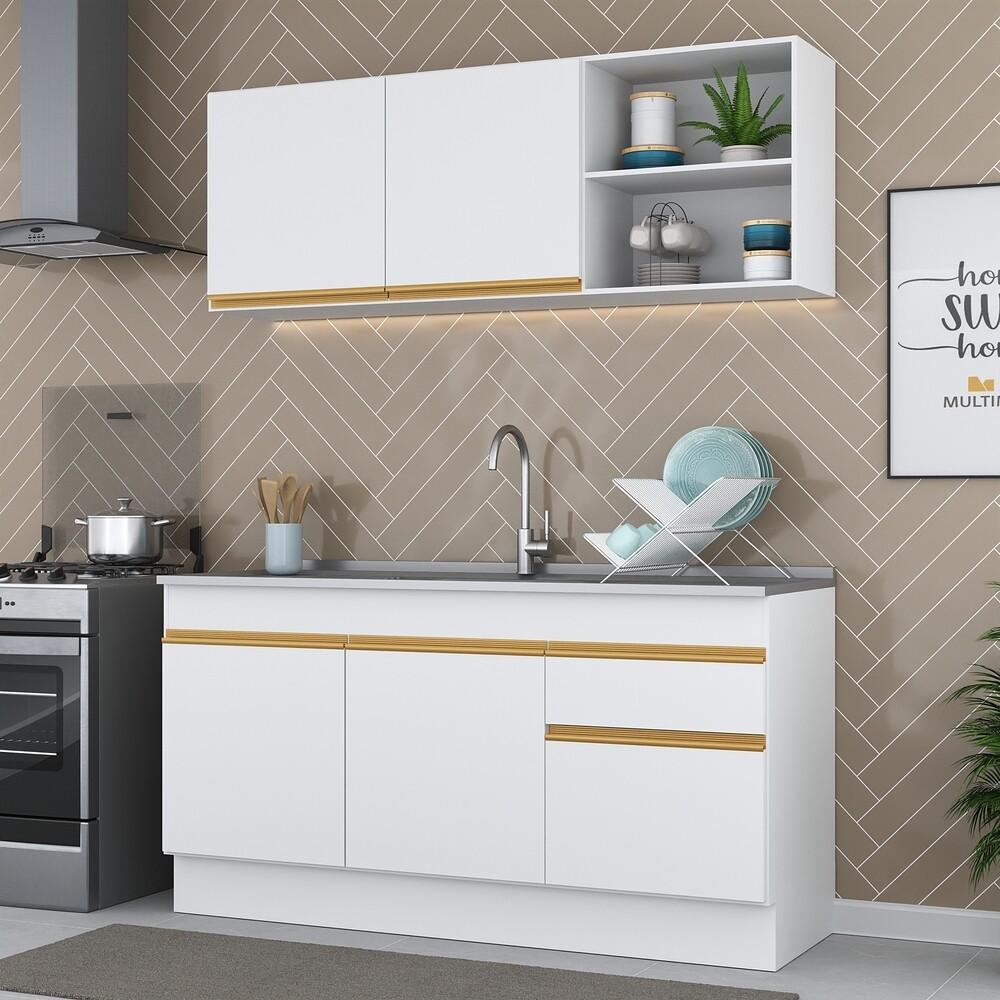 Armário de Cozinha Compacta 150cm com Rodapé Veneza Multimóveis V2114 Branco/Dourado