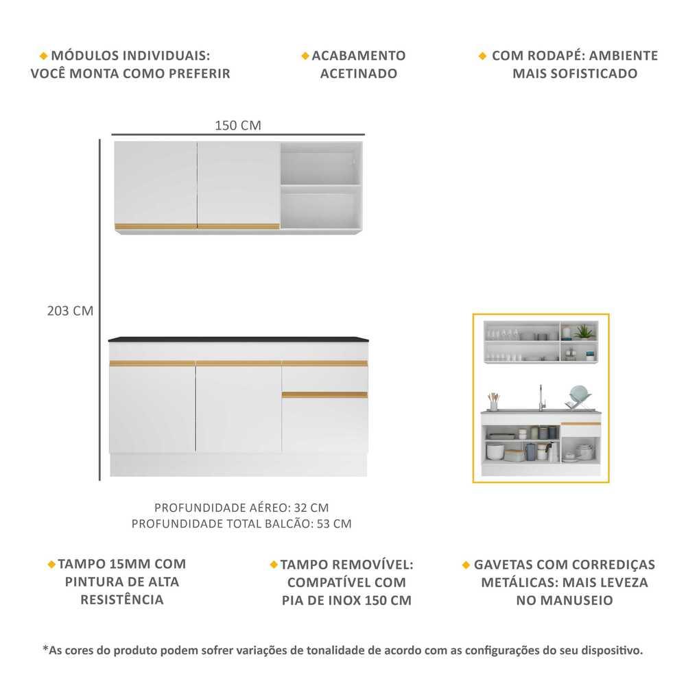 Armário de Cozinha Compacta 150cm com Rodapé Veneza Multimóveis V2114 Branco/Dourado
