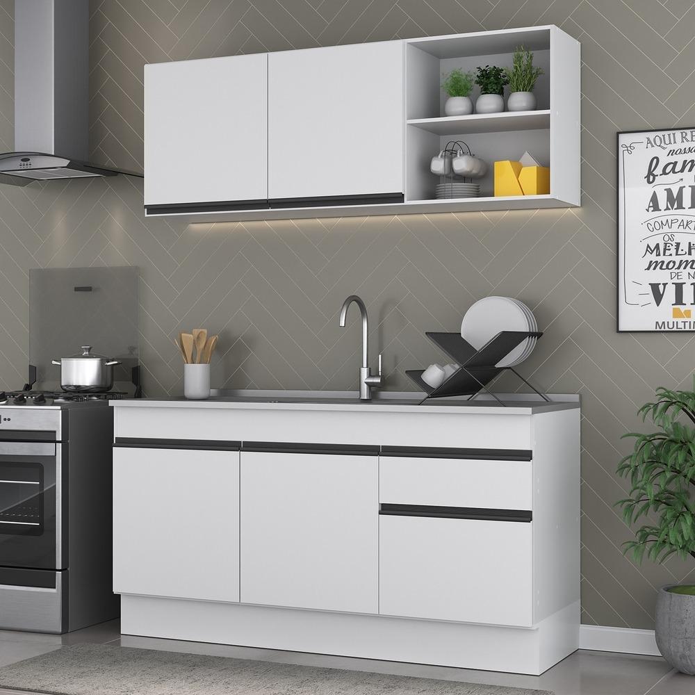 Armário de Cozinha Compacta 150cm com Rodapé Veneza Multimóveis V2114 Branco/Preto