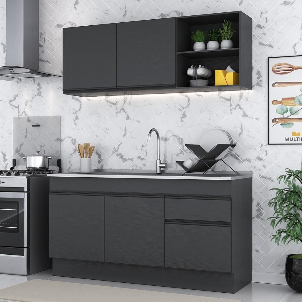 Armário de Cozinha Compacta 150cm com Rodapé Veneza Multimóveis V2114 Preto