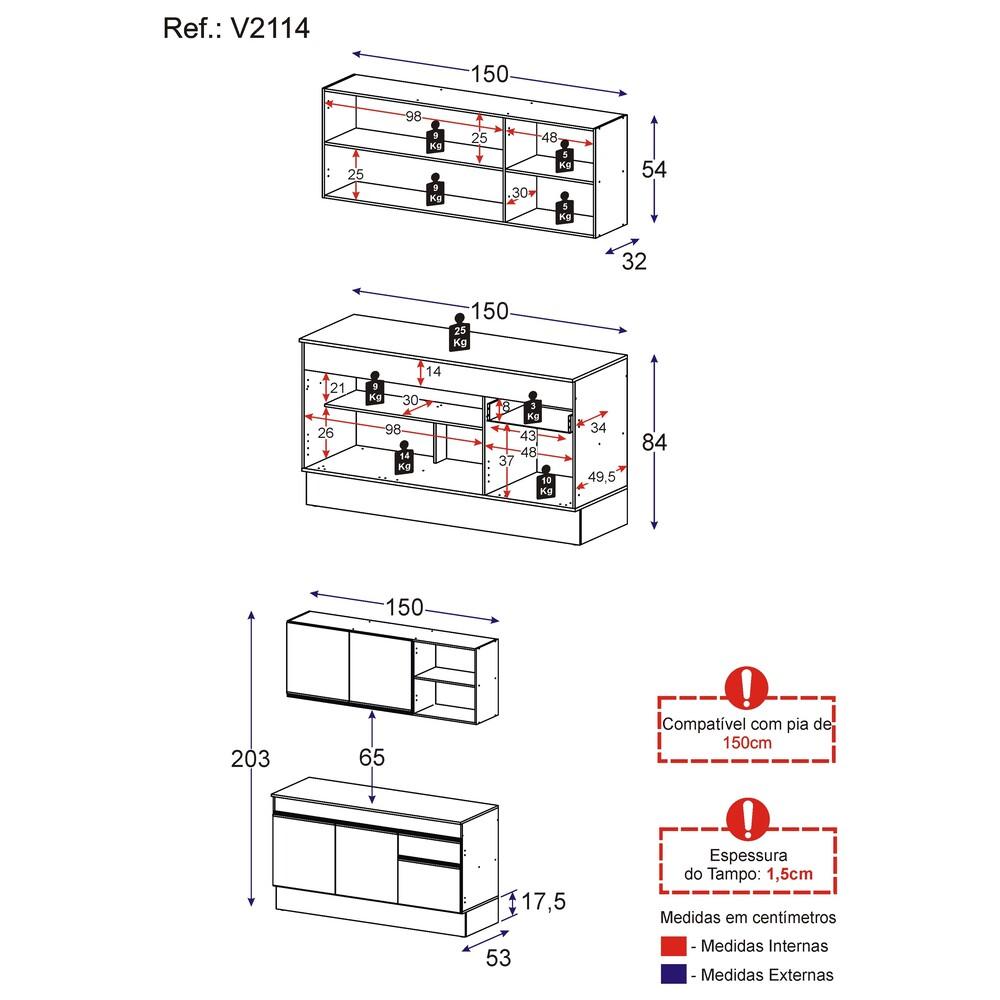Armário de Cozinha Compacta 150cm com Rodapé Veneza Multimóveis V2114 Preto
