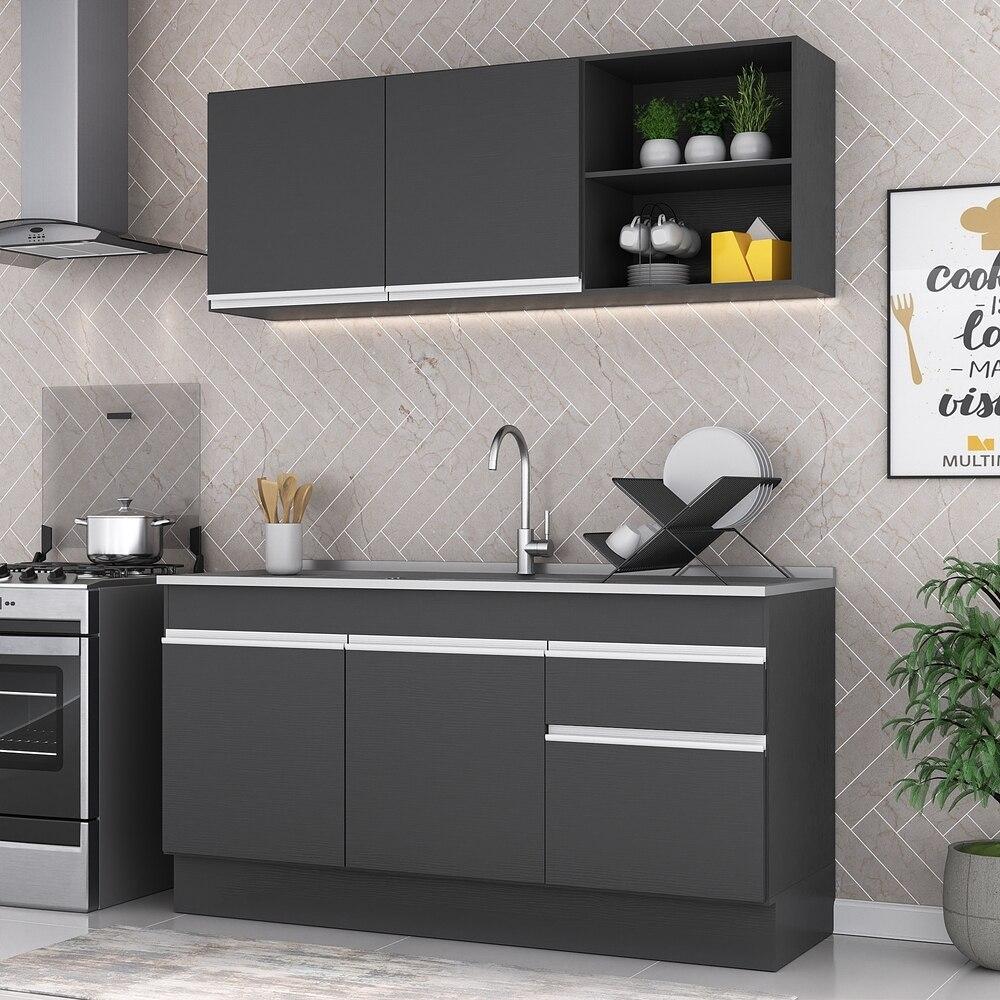 Armário de Cozinha Compacta 150cm com Rodapé Veneza Multimóveis V2114 Preto/Branco
