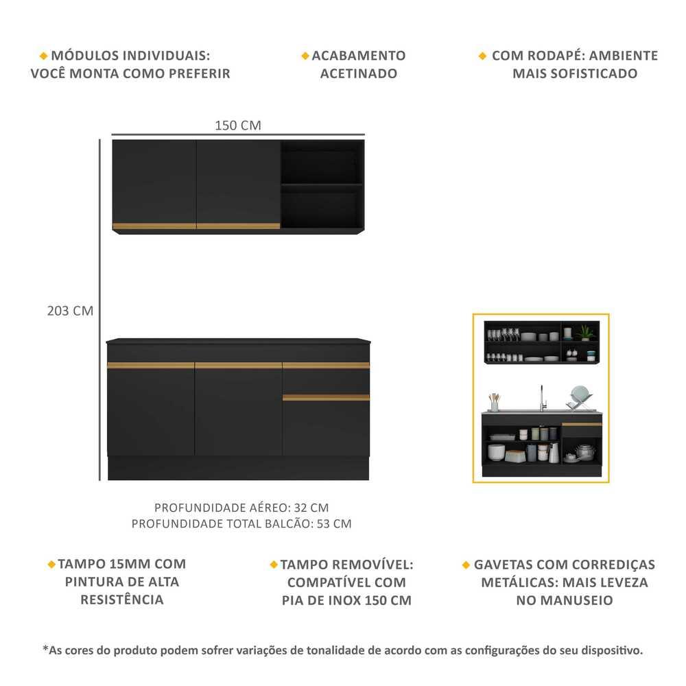 Armário de Cozinha Compacta 150cm com Rodapé Veneza Multimóveis V2114 Preto/Dourado