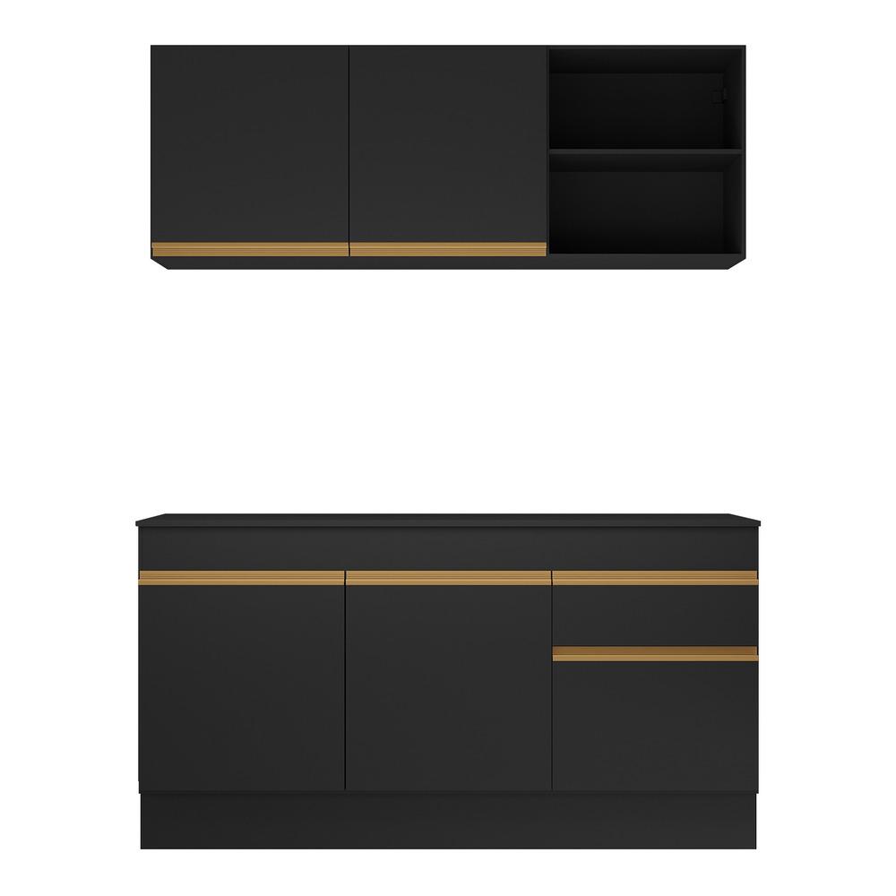 Armário de Cozinha Compacta 150cm com Rodapé Veneza Multimóveis V2114 Preto/Dourado