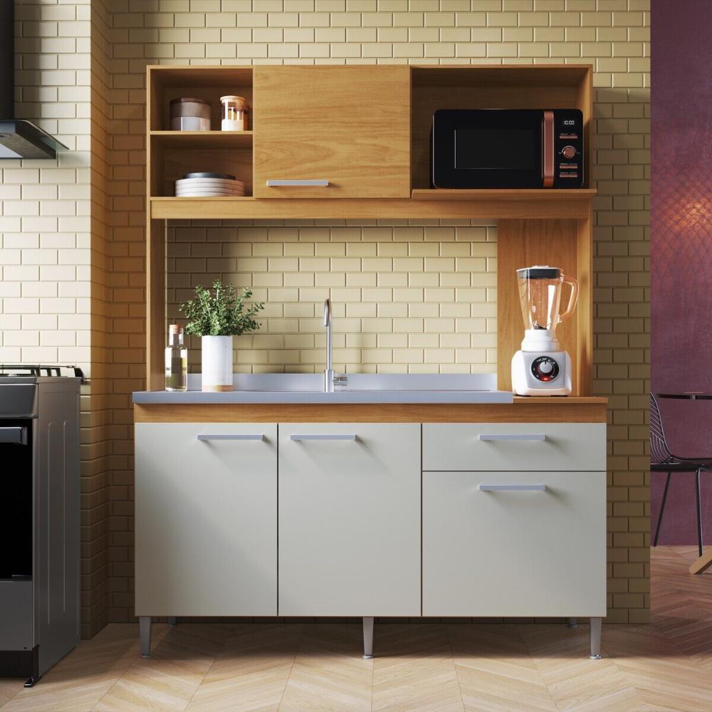 Armário de Cozinha Compacta 151,5cm 4 Portas 1 Gaveta Gabinete Pia Multimóveis CR20284 Nature/Off White