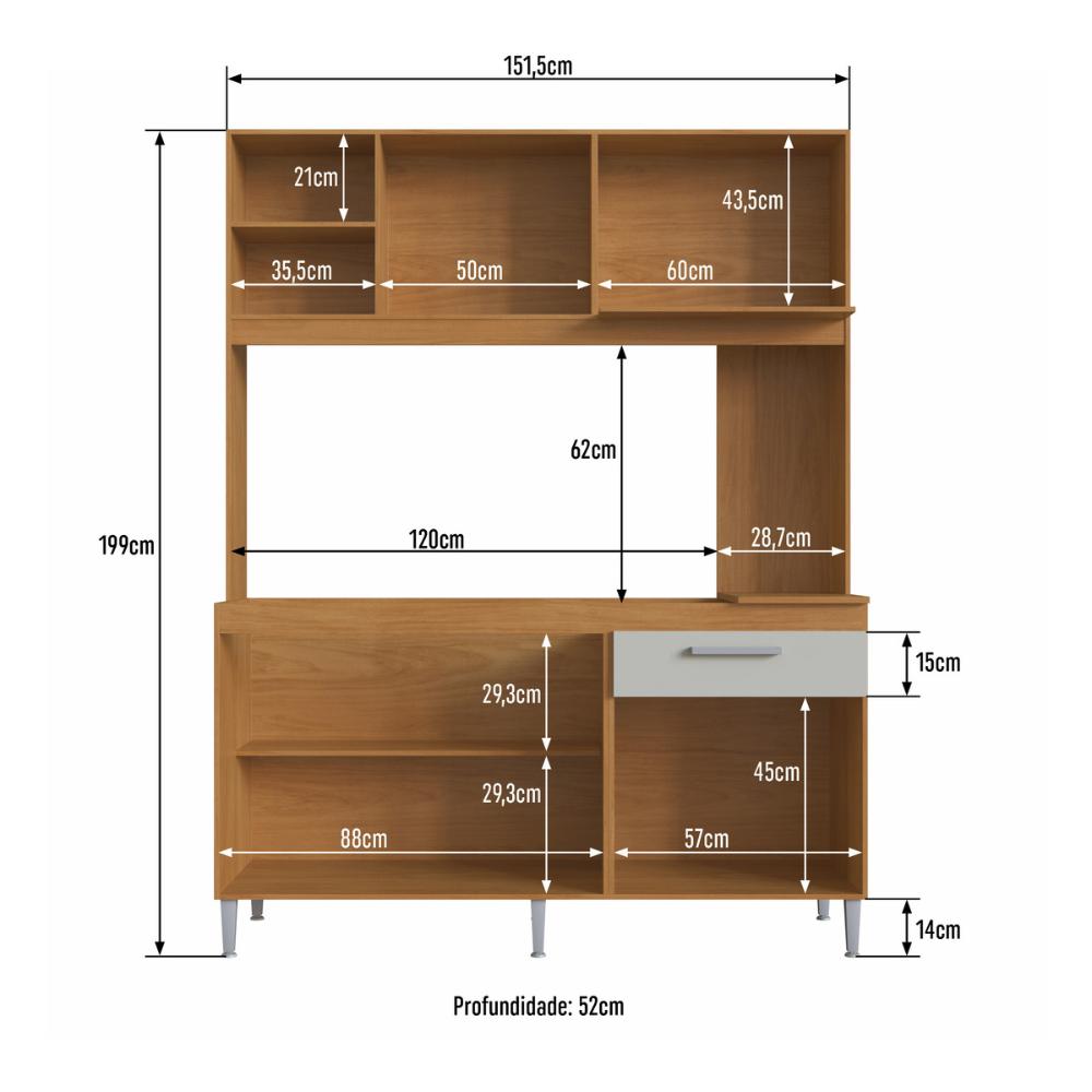 Armário de Cozinha Compacta 151,5cm 4 Portas 1 Gaveta Gabinete Pia Multimóveis CR20284 Nature/Off White