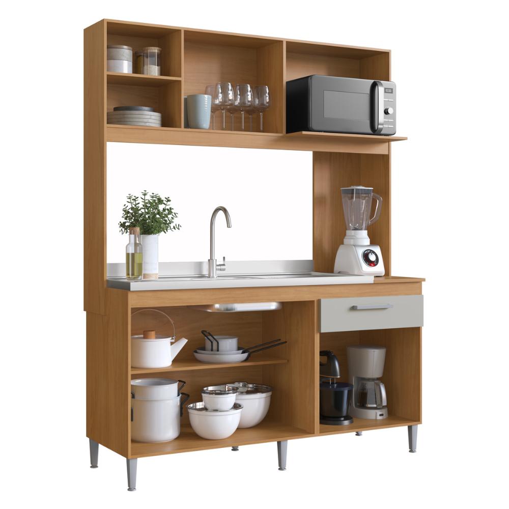 Armário de Cozinha Compacta 151,5cm 4 Portas 1 Gaveta Gabinete Pia Multimóveis CR20284 Nature/Off White